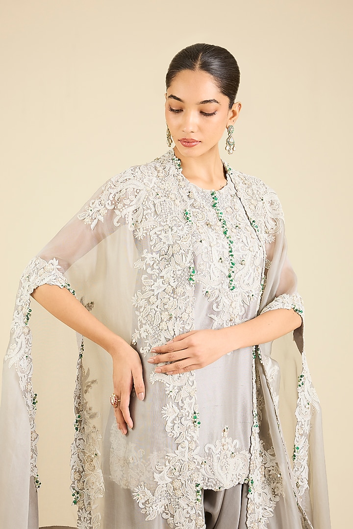 Steel Grey Dupion & Organza Embroidered Cape Set by Minaxi Dadoo at Pernia's Pop Up Shop