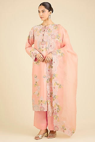 Peach Dupion Thread Embroidered Kurta Set by Minaxi Dadoo