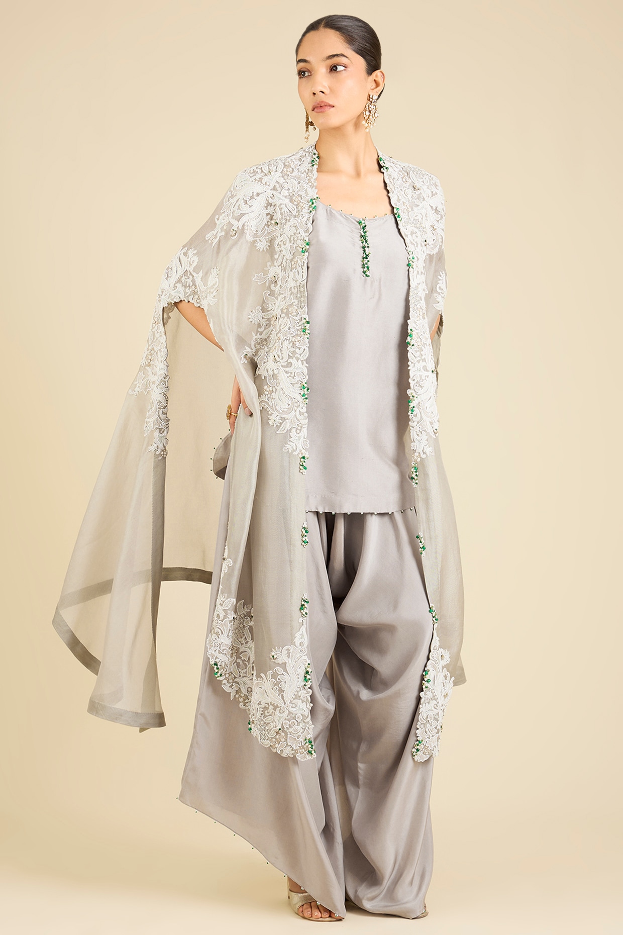Minaxi Dadoo Steel Grey Organza Embroidered Cape Set