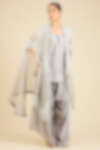 Steel Grey Organza Embroidered Cape Set by Minaxi Dadoo at Pernia's Pop Up Shop