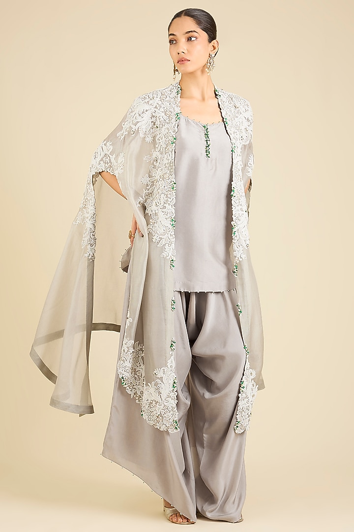 Steel Grey Organza Embroidered Cape Set by Minaxi Dadoo at Pernia's Pop Up Shop