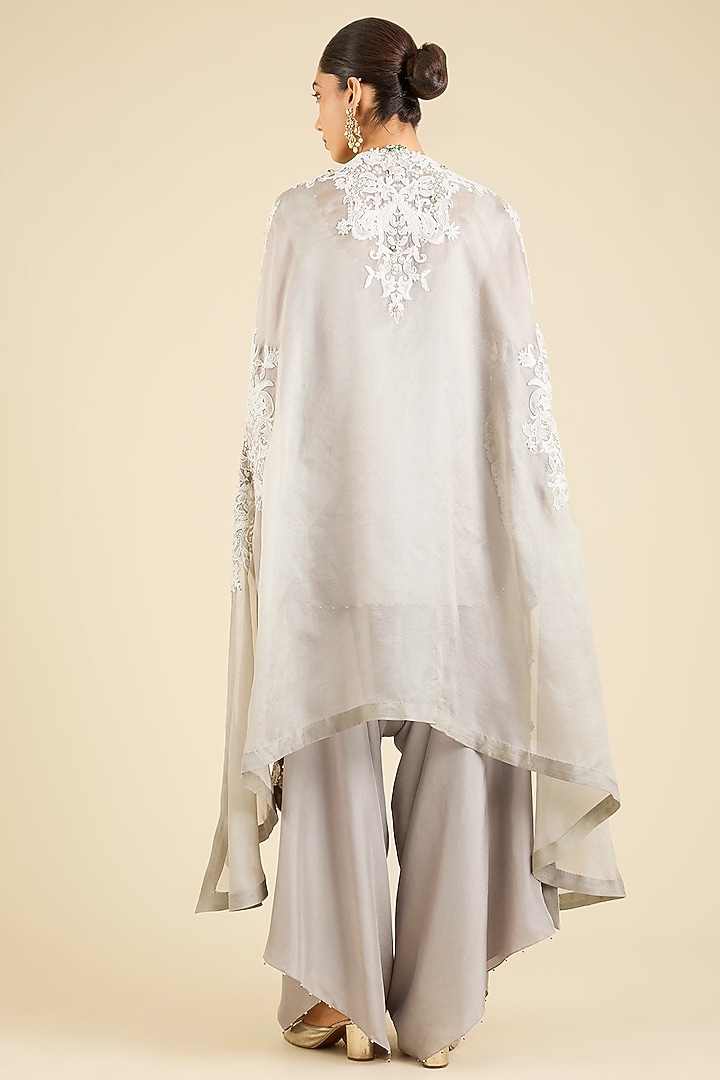 Steel Grey Organza Embroidered Cape Set by Minaxi Dadoo at Pernia's Pop Up Shop