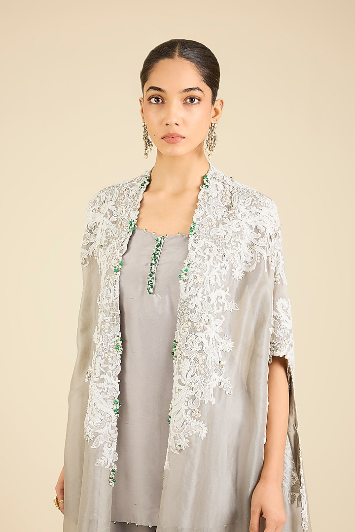 Steel Grey Organza Embroidered Cape Set by Minaxi Dadoo at Pernia's Pop Up Shop