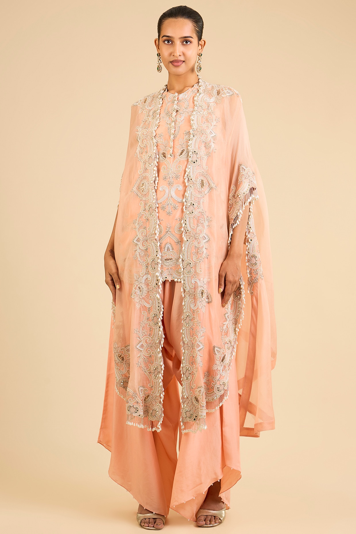 Minaxi Dadoo Peach Dupion Embroidered Short Kurta Set
