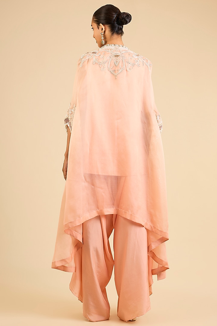 Peach Dupion Embroidered Short Kurta Set by Minaxi Dadoo at Pernia's Pop Up Shop