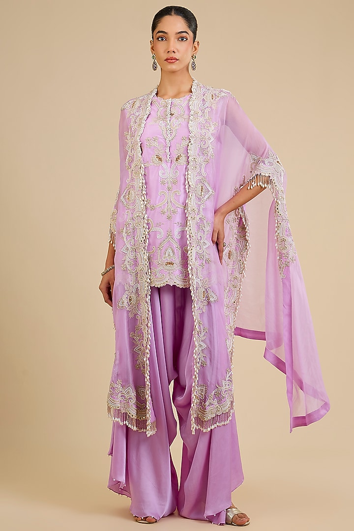 Lavender Dupion Embroidered Short Kurta Set by Minaxi Dadoo at Pernia's Pop Up Shop