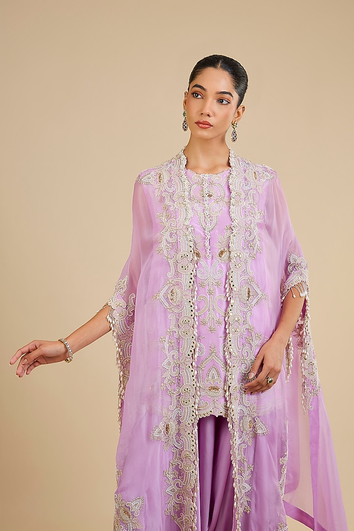 Lavender Dupion Embroidered Short Kurta Set by Minaxi Dadoo at Pernia's Pop Up Shop