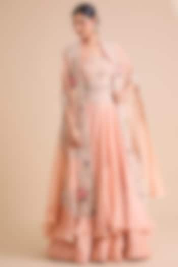Peach Silk & Organza Tiered Skirt Set by Minaxi Dadoo at Pernia's Pop Up Shop