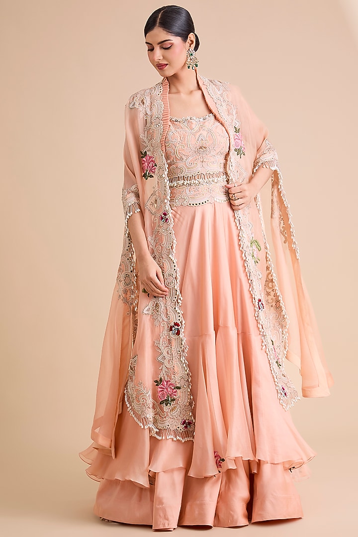 Peach Silk & Organza Tiered Skirt Set by Minaxi Dadoo at Pernia's Pop Up Shop