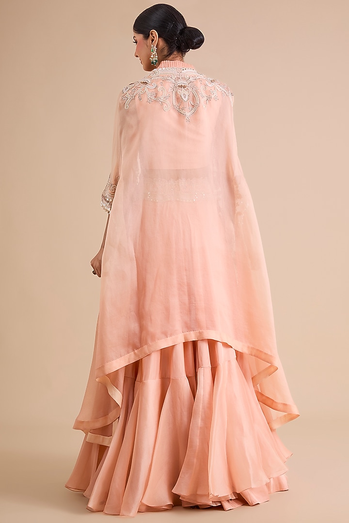 Peach Silk & Organza Tiered Skirt Set by Minaxi Dadoo at Pernia's Pop Up Shop