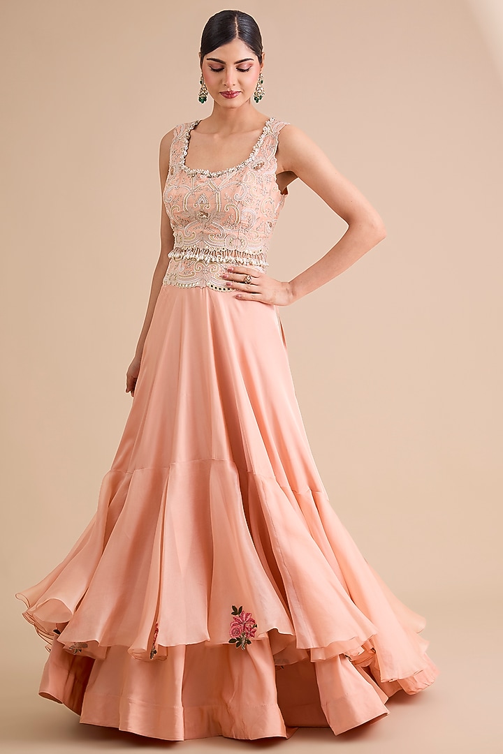 Peach Silk & Organza Tiered Skirt Set by Minaxi Dadoo at Pernia's Pop Up Shop
