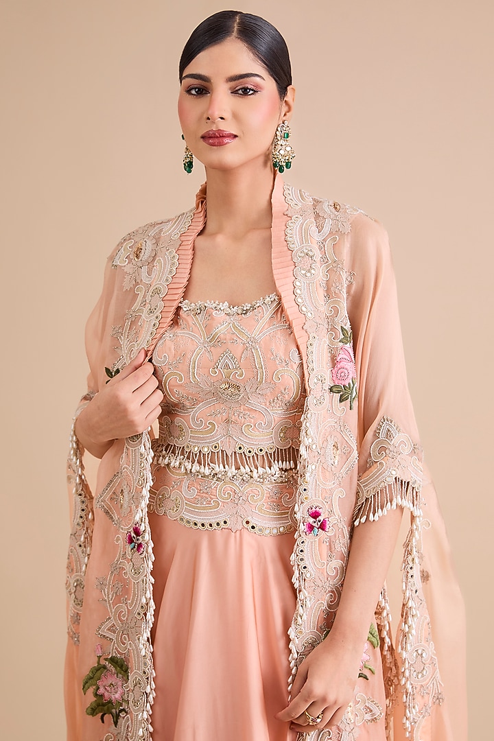 Peach Silk & Organza Tiered Skirt Set by Minaxi Dadoo at Pernia's Pop Up Shop