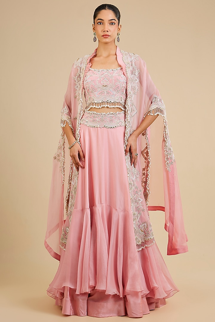 Blush Pink Silk & Organza Tiered Skirt Set by Minaxi Dadoo at Pernia's Pop Up Shop