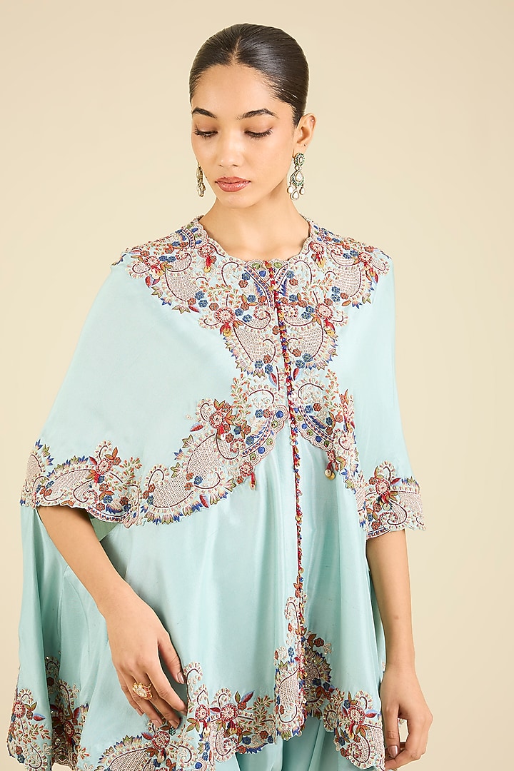 Powder Blue Organza Embroidered Cape Set by Minaxi Dadoo at Pernia's Pop Up Shop
