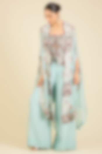 Powder Blue Organza Thread Embroidered Cape Set by Minaxi Dadoo at Pernia's Pop Up Shop