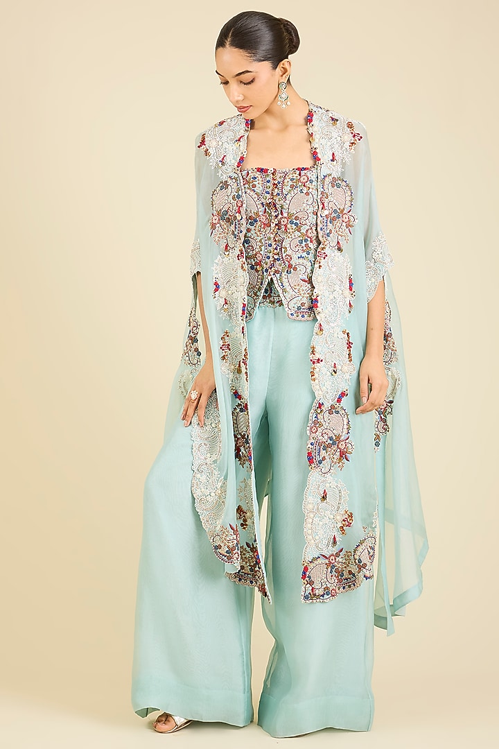 Powder Blue Organza Thread Embroidered Cape Set by Minaxi Dadoo at Pernia's Pop Up Shop