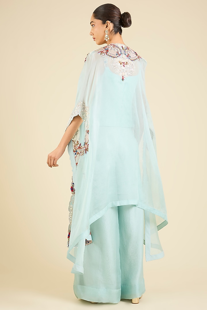Powder Blue Organza Thread Embroidered Cape Set by Minaxi Dadoo at Pernia's Pop Up Shop
