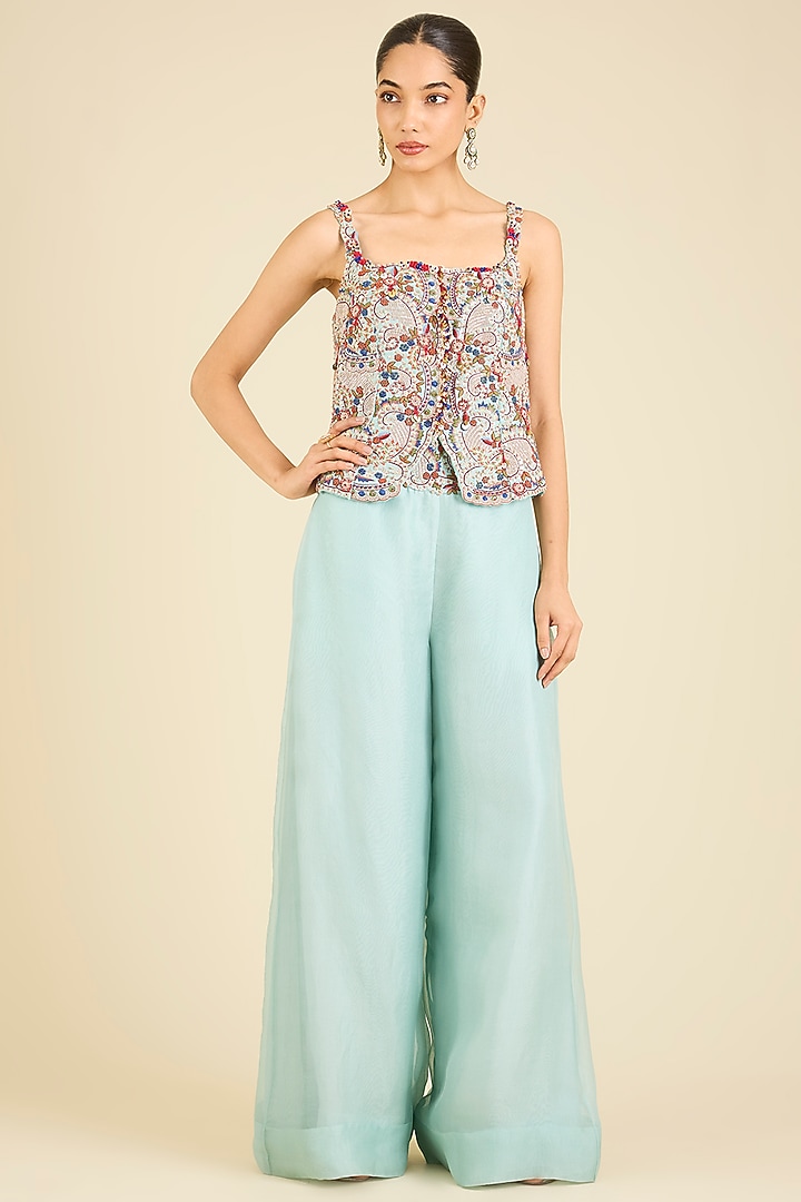 Powder Blue Organza Thread Embroidered Cape Set by Minaxi Dadoo at Pernia's Pop Up Shop