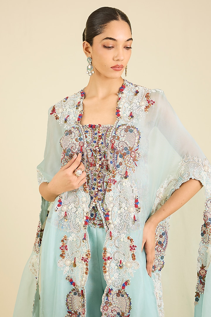 Powder Blue Organza Thread Embroidered Cape Set by Minaxi Dadoo at Pernia's Pop Up Shop