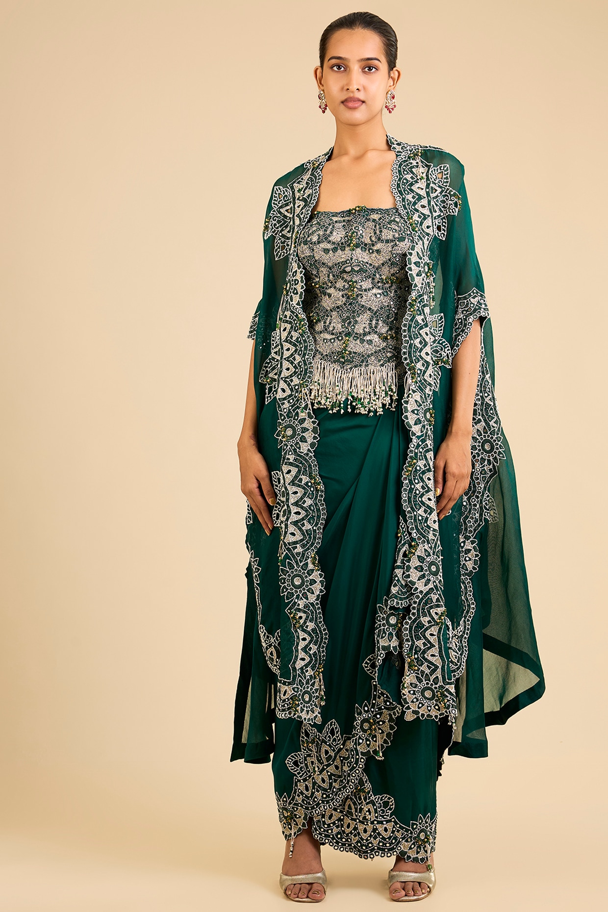 Minaxi Dadoo Bottle Green Organza Mirror Work Butterfly Cape Set