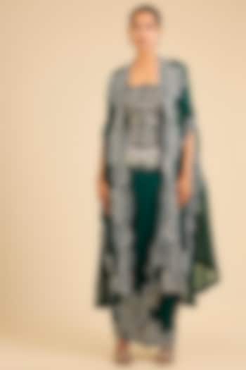 Bottle Green Organza Mirror Work Butterfly Cape Set by Minaxi Dadoo at Pernia's Pop Up Shop
