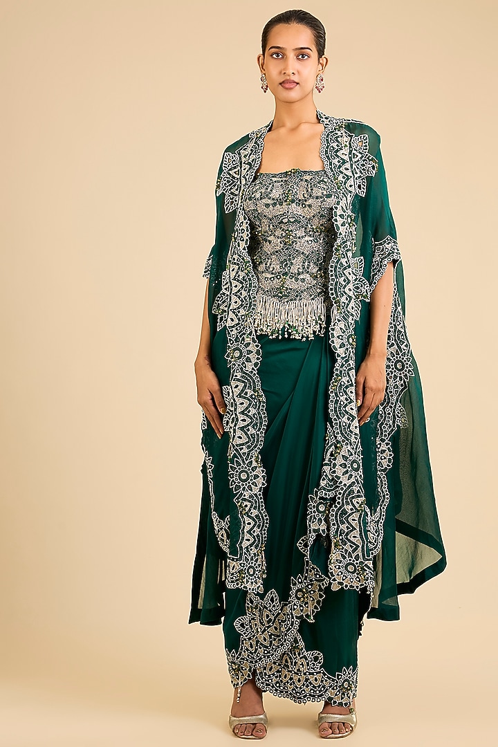 Bottle Green Organza Mirror Work Butterfly Cape Set by Minaxi Dadoo at Pernia's Pop Up Shop