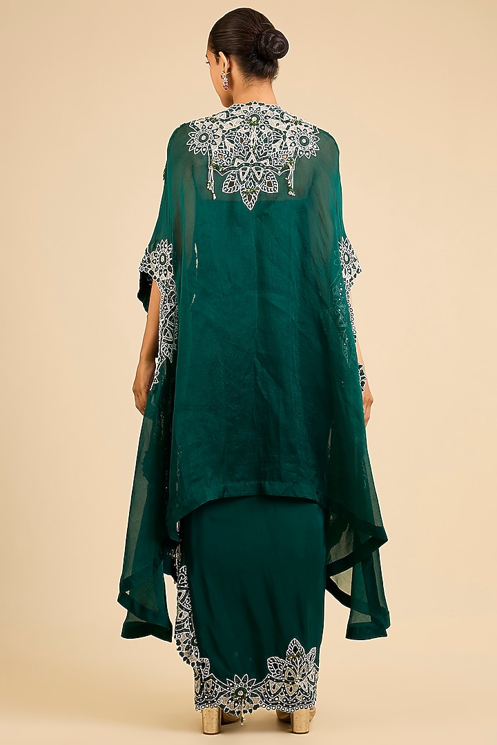 Bottle Green Organza Mirror Work Butterfly Cape Set by Minaxi Dadoo at Pernia's Pop Up Shop