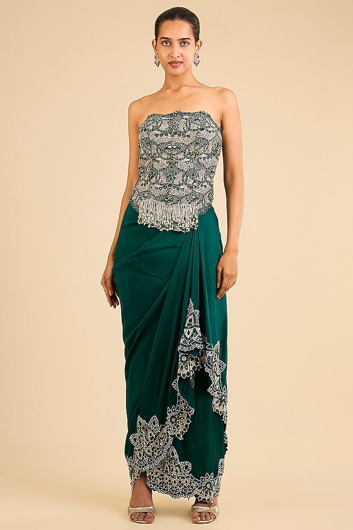 Bottle Green Organza Mirror Work Butterfly Cape Set by Minaxi Dadoo at Pernia's Pop Up Shop