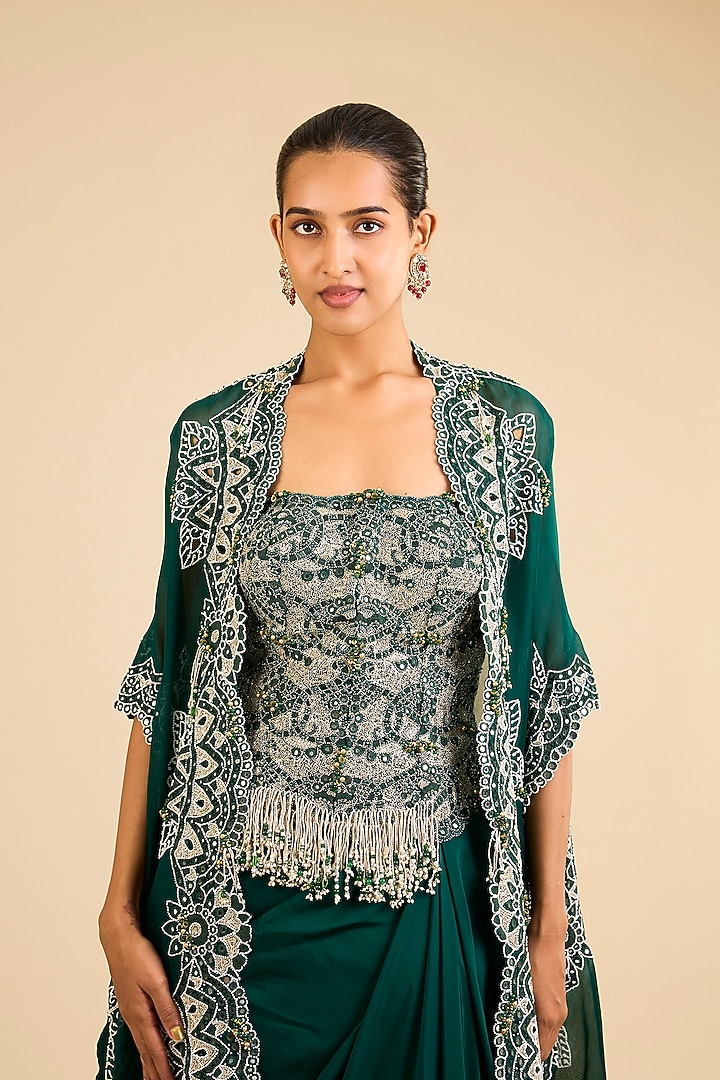 Bottle Green Organza Mirror Work Butterfly Cape Set by Minaxi Dadoo at Pernia's Pop Up Shop