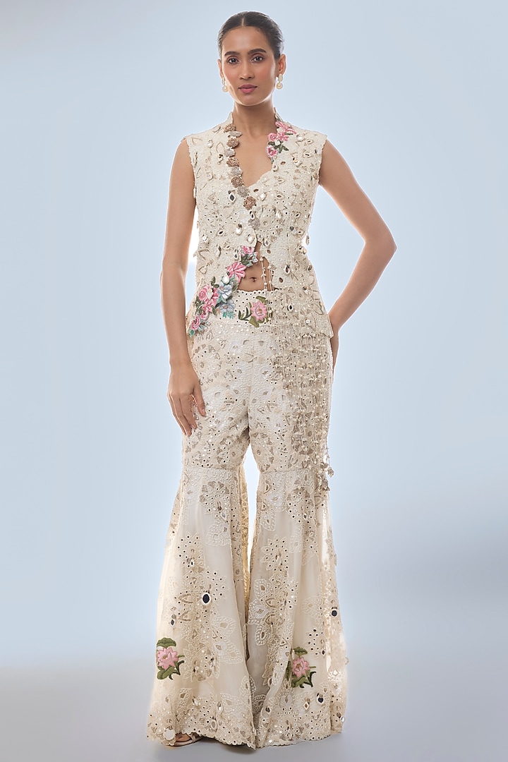 Ivory Dupion & Organza Embroidered Jacket Set by Minaxi Dadoo at Pernia's Pop Up Shop