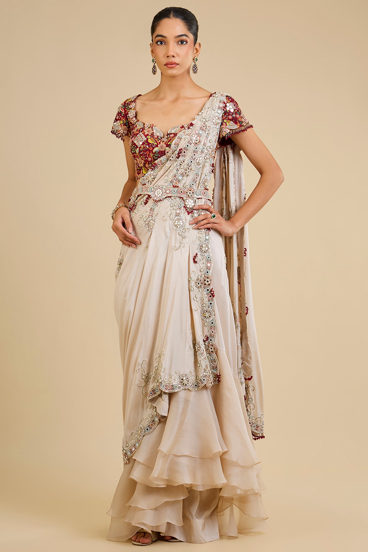 Minaxi Dadoo Ivory Dupion Embroidered Draped Saree Set