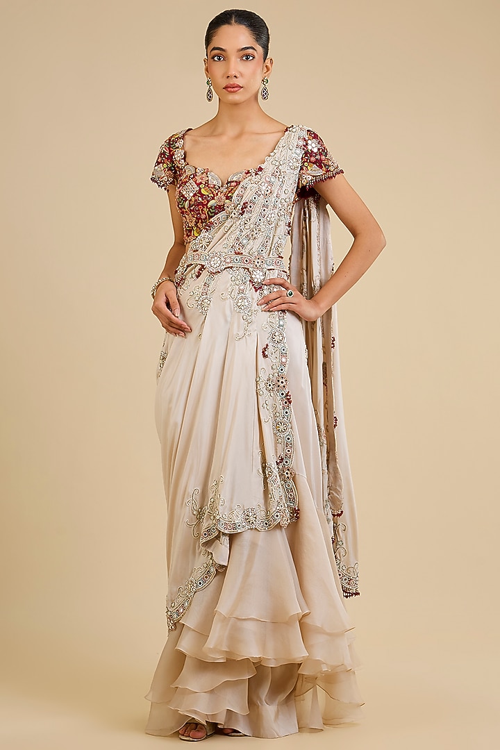 Ivory Dupion Embroidered Draped Bridal Saree Set by Minaxi Dadoo at Pernia's Pop Up Shop