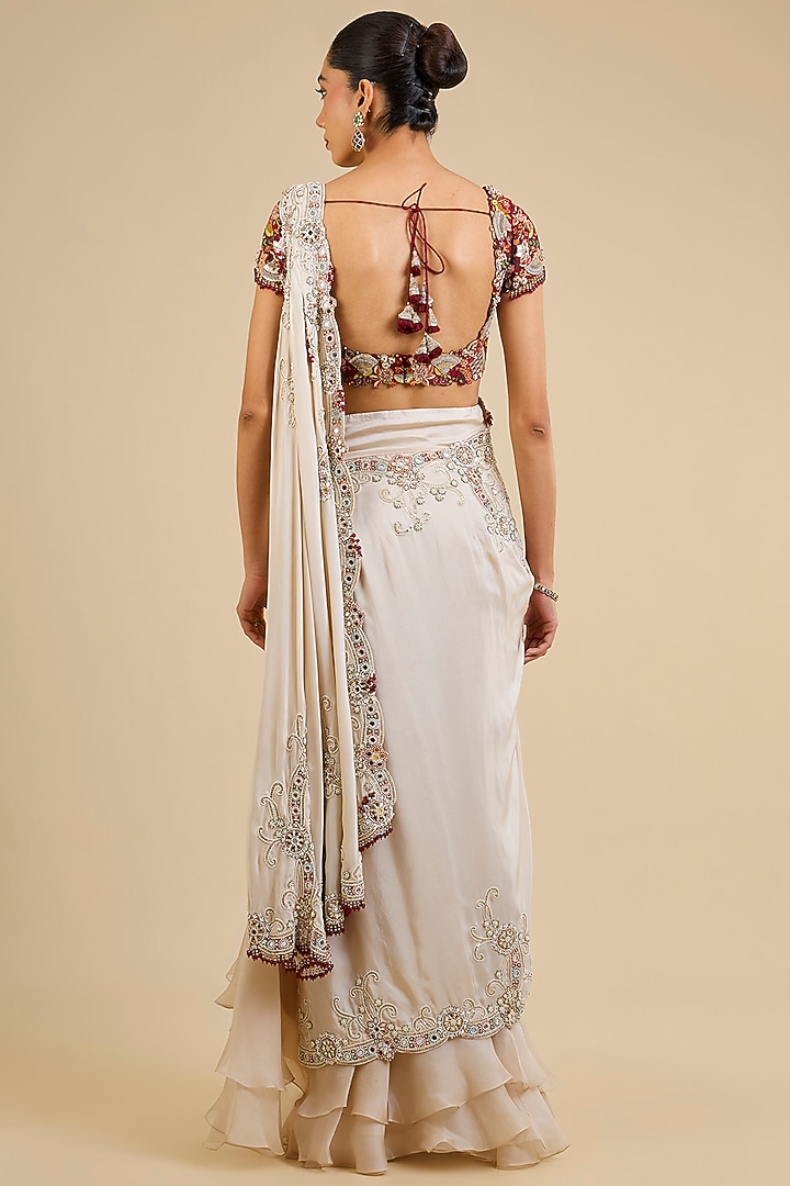 Ivory Dupion Embroidered Draped Bridal Saree Set by Minaxi Dadoo at Pernia's Pop Up Shop