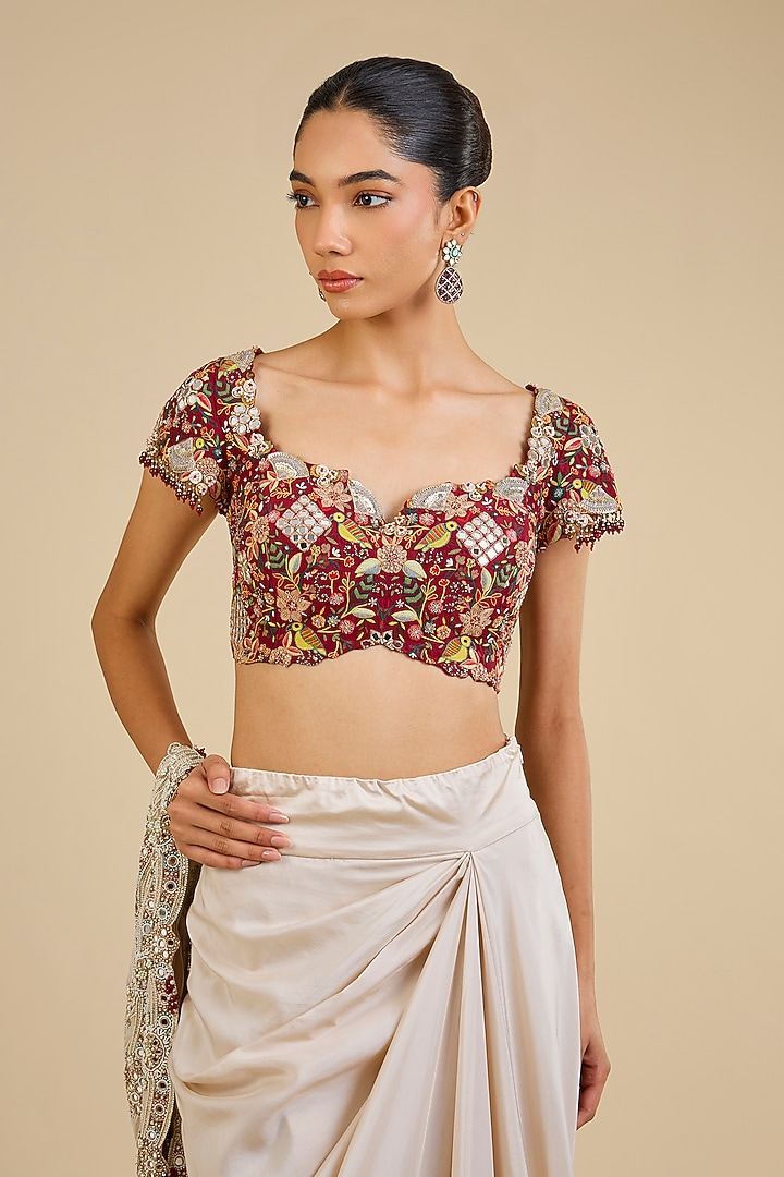Ivory Dupion Embroidered Draped Bridal Saree Set by Minaxi Dadoo at Pernia's Pop Up Shop