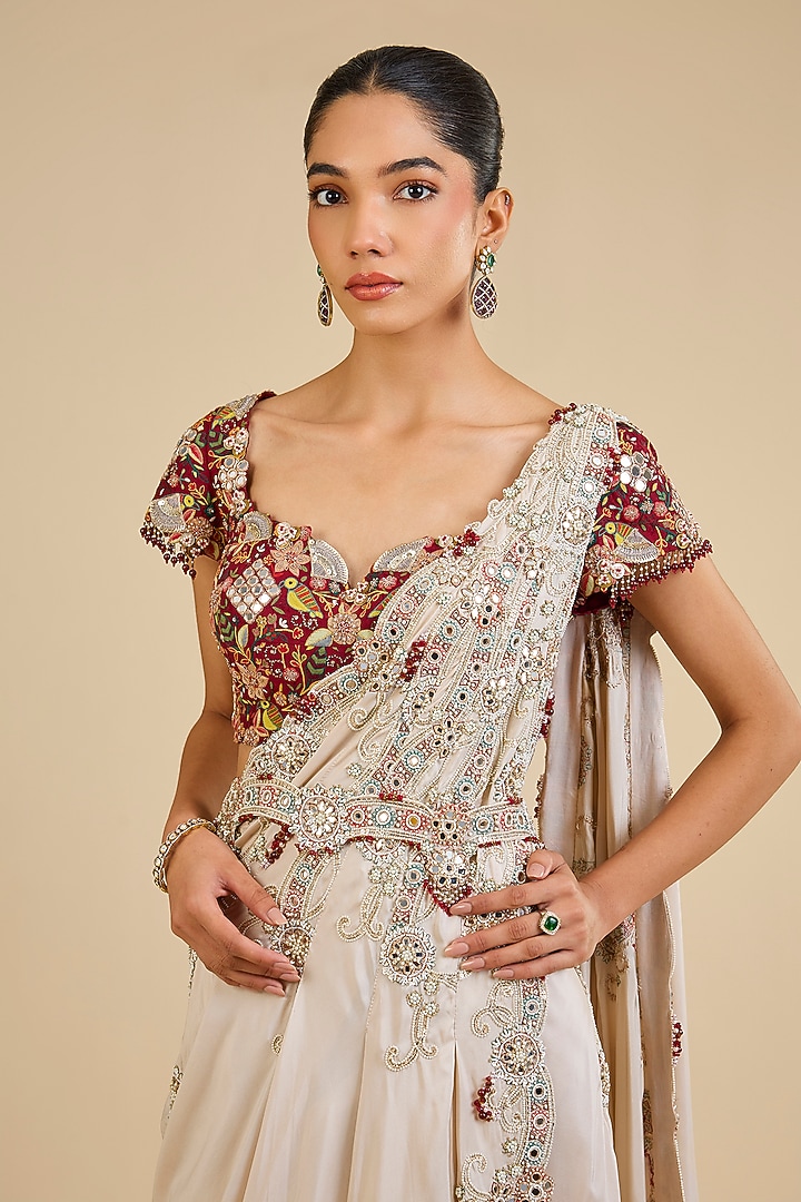 Ivory Dupion Embroidered Draped Bridal Saree Set by Minaxi Dadoo at Pernia's Pop Up Shop