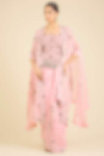 Pink Organza Thread Embroidered Cape Set by Minaxi Dadoo at Pernia's Pop Up Shop