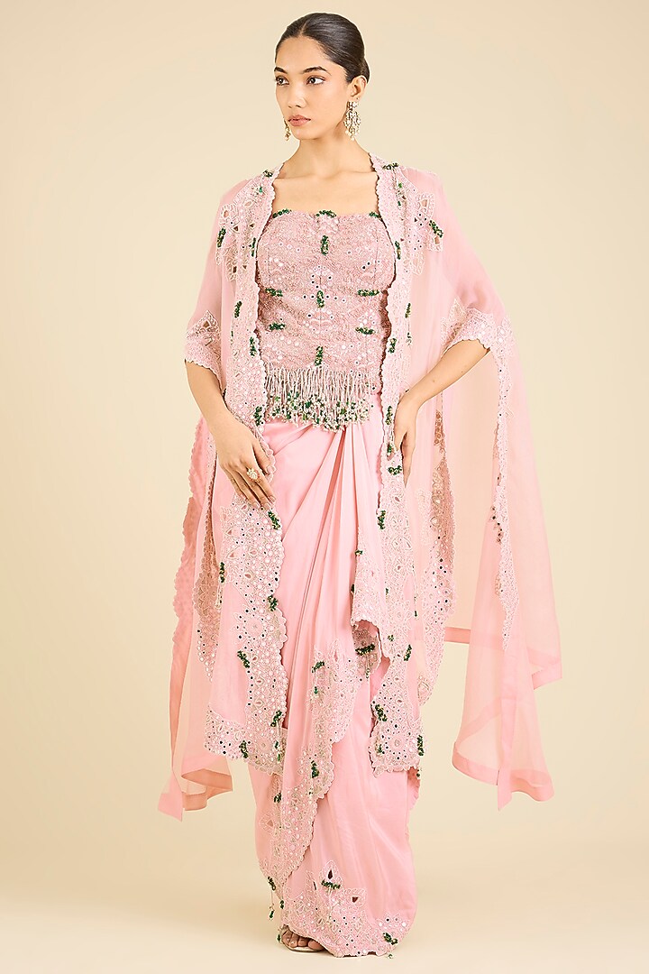 Pink Organza Thread Embroidered Cape Set by Minaxi Dadoo at Pernia's Pop Up Shop