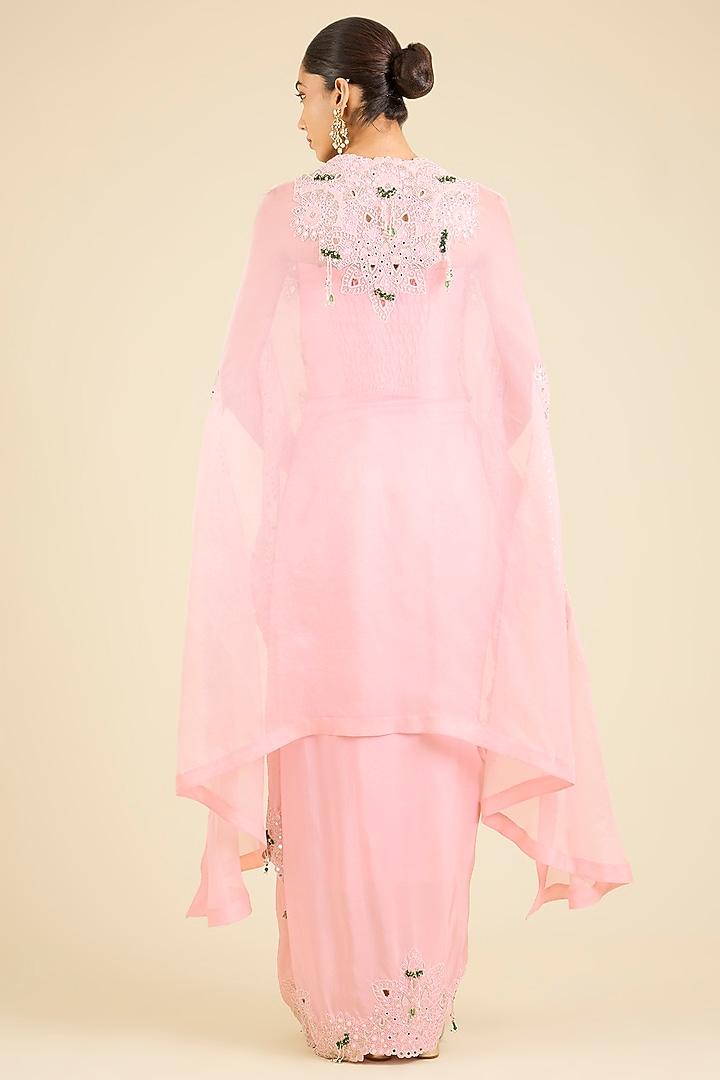 Pink Organza Thread Embroidered Cape Set by Minaxi Dadoo at Pernia's Pop Up Shop
