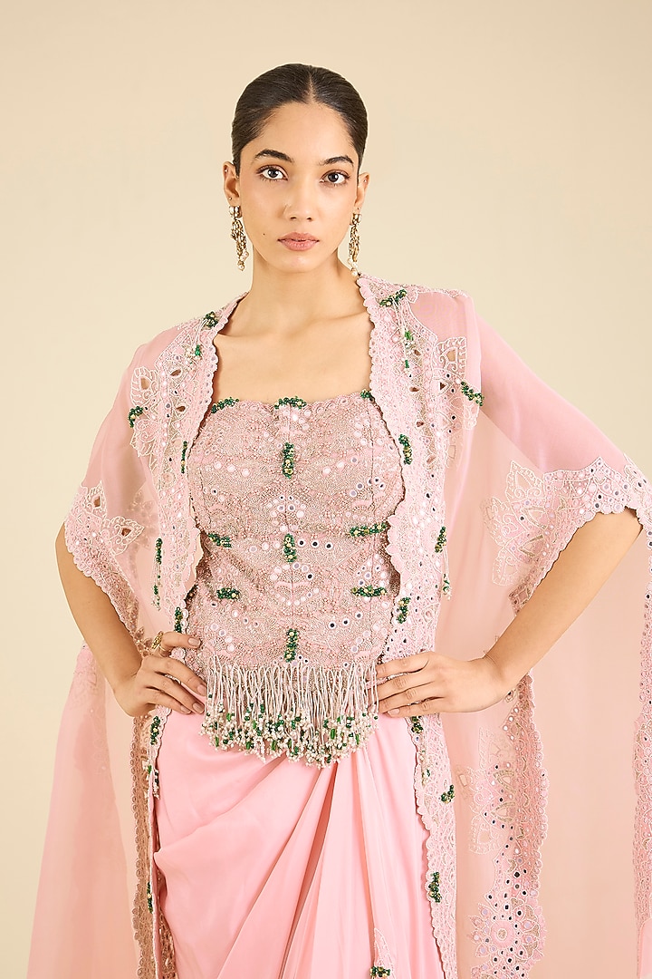 Pink Organza Thread Embroidered Cape Set by Minaxi Dadoo at Pernia's Pop Up Shop