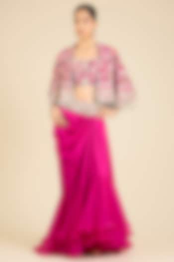 Rani Pink Dupion Thread Embroidered Cape Set by Minaxi Dadoo at Pernia's Pop Up Shop