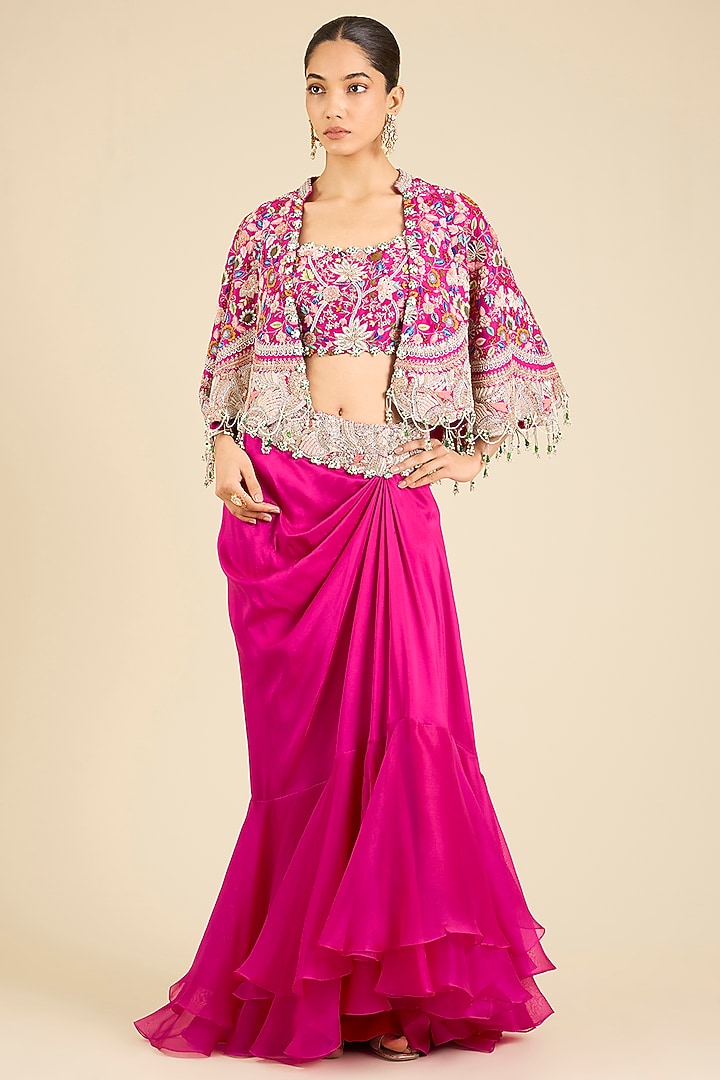 Rani Pink Dupion Thread Embroidered Cape Set by Minaxi Dadoo at Pernia's Pop Up Shop