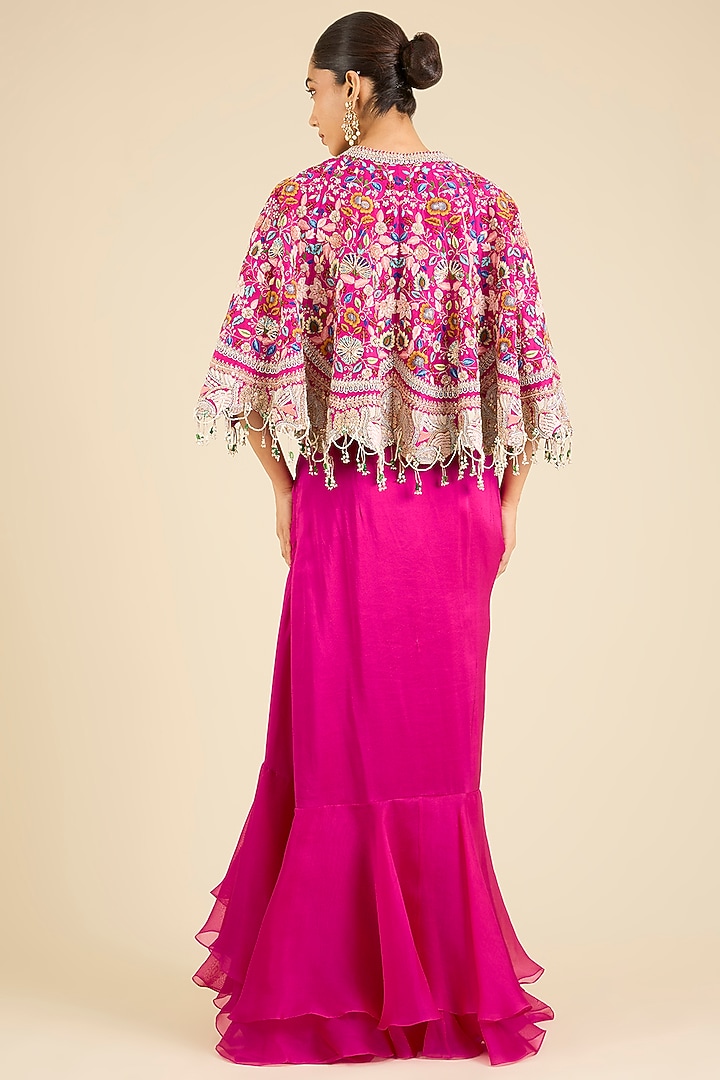 Rani Pink Dupion Thread Embroidered Cape Set by Minaxi Dadoo at Pernia's Pop Up Shop