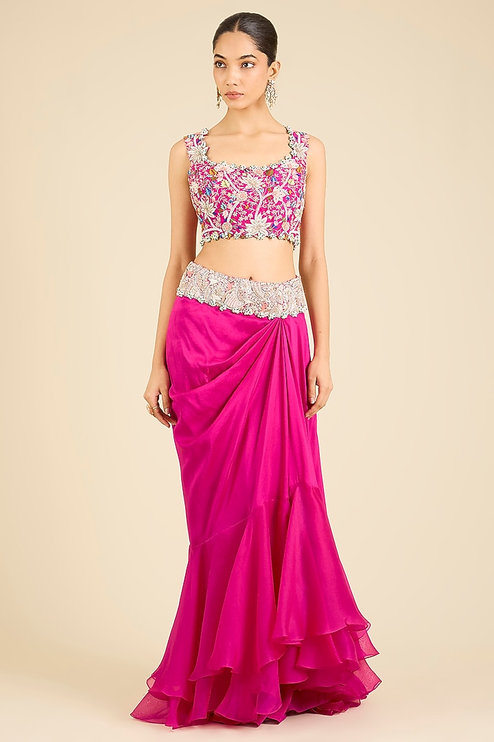 Rani Pink Dupion Thread Embroidered Cape Set by Minaxi Dadoo at Pernia's Pop Up Shop