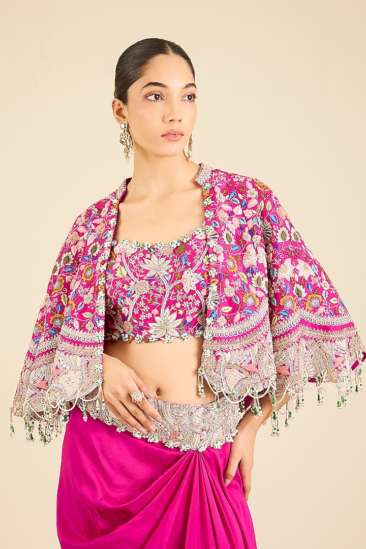 Rani Pink Dupion Thread Embroidered Cape Set by Minaxi Dadoo at Pernia's Pop Up Shop
