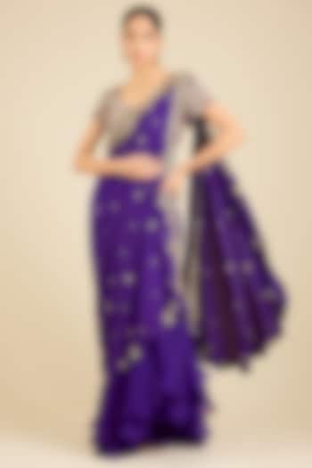 Purple Dupion Thread Embroidered Draped Bridal Saree Set by Minaxi Dadoo at Pernia's Pop Up Shop