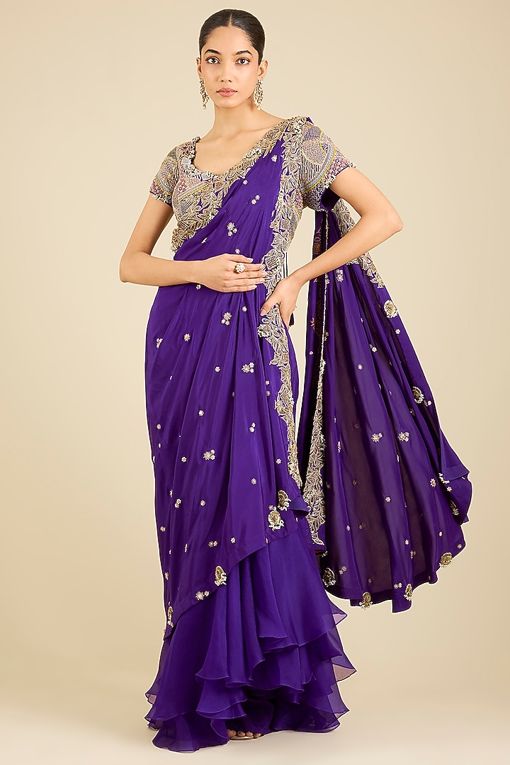 Purple Dupion Thread Embroidered Draped Bridal Saree Set by Minaxi Dadoo at Pernia's Pop Up Shop