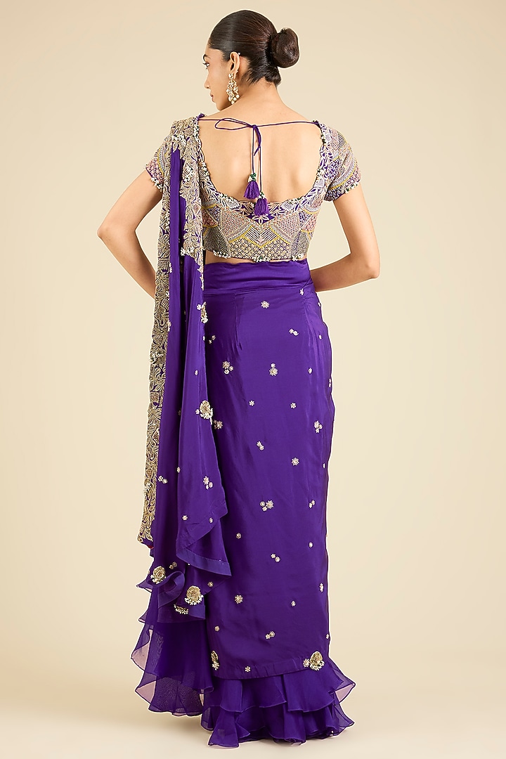 Purple Dupion Thread Embroidered Draped Bridal Saree Set by Minaxi Dadoo at Pernia's Pop Up Shop