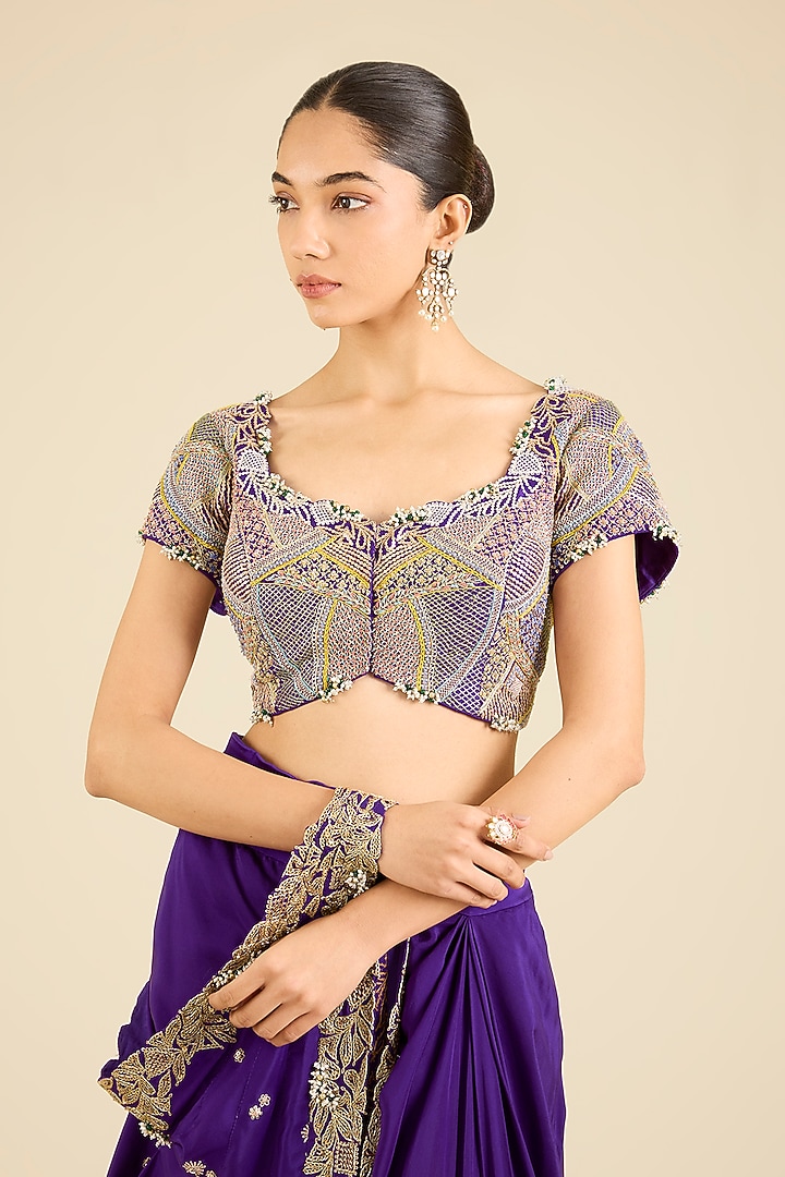 Purple Dupion Thread Embroidered Draped Bridal Saree Set by Minaxi Dadoo at Pernia's Pop Up Shop