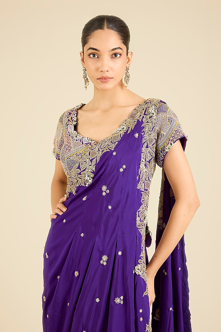 Purple Dupion Thread Embroidered Draped Bridal Saree Set by Minaxi Dadoo at Pernia's Pop Up Shop