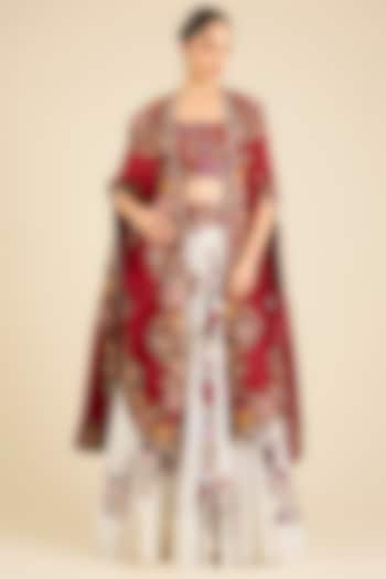 Red Dupion Thread Embroidered Cape Set by Minaxi Dadoo at Pernia's Pop Up Shop